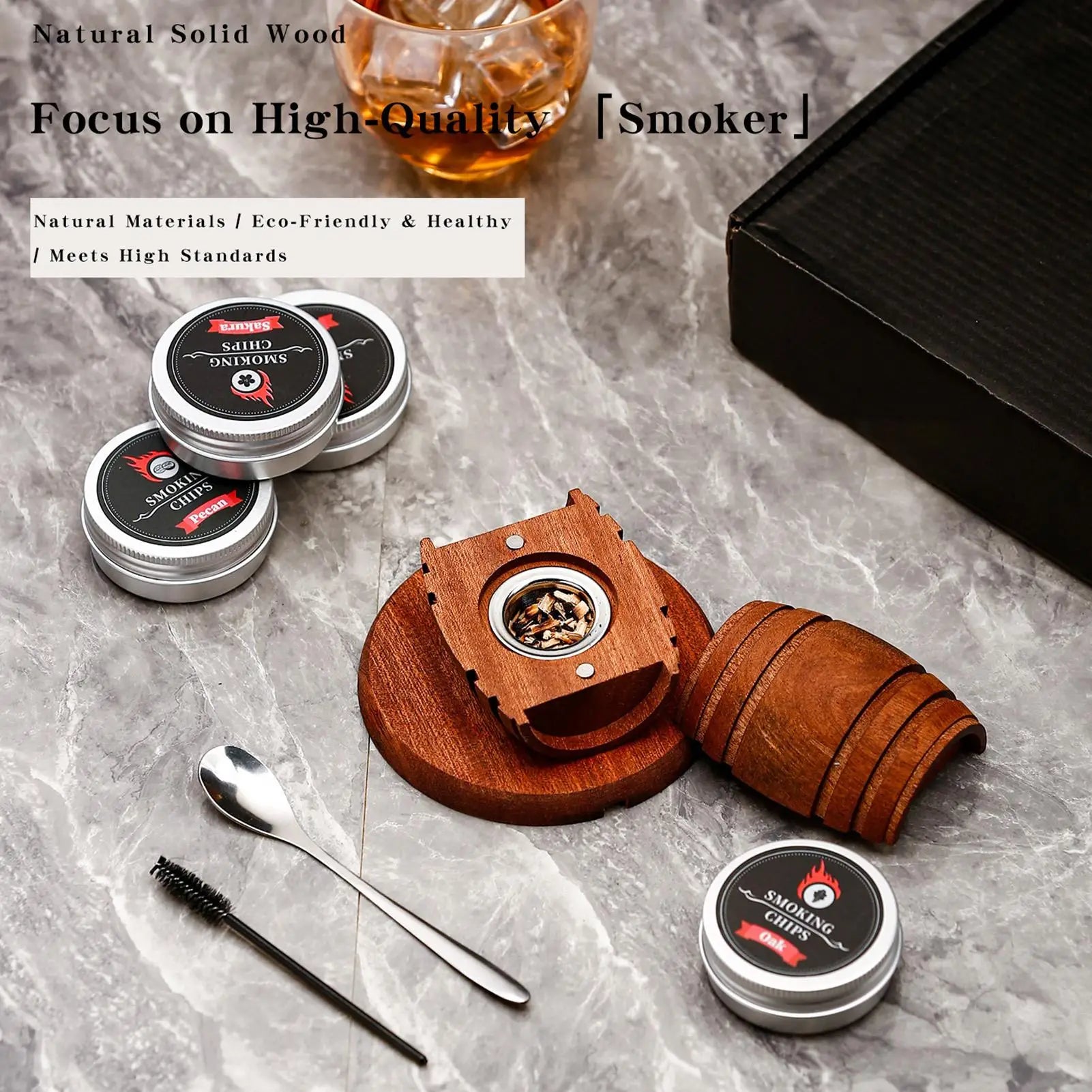 Wooden Whiskey Cocktail Smoker Whiskey Smoker Spirits Infuser Bar Tool for Men Dad Husband Father Boyfriend Him Family Friends