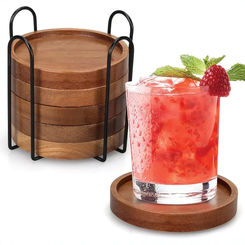 Wood Coasters for Drinks Absorbent Wooden Coasters with Holder for Table Protection Drink Coasters for Farmhouse Office Bar